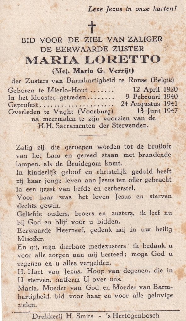 Verrijt  Maria 1920 Mierlo-Hout 1947 Vught  zuster, Verzamelen, Bidprentjes en Rouwkaarten, Ophalen of Verzenden, Bidprentje