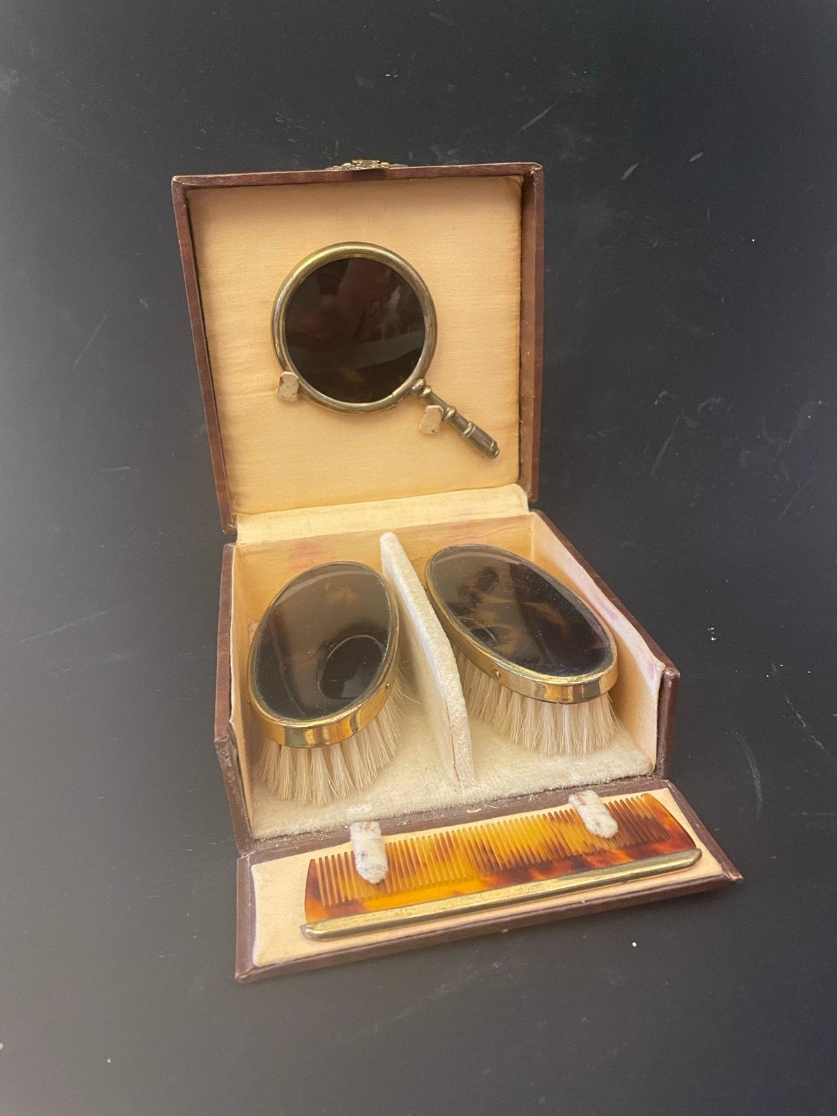 Vintage Kapset met Spiegel, Borstels en Kam in Doos, Antiek en Kunst, Ophalen of Verzenden