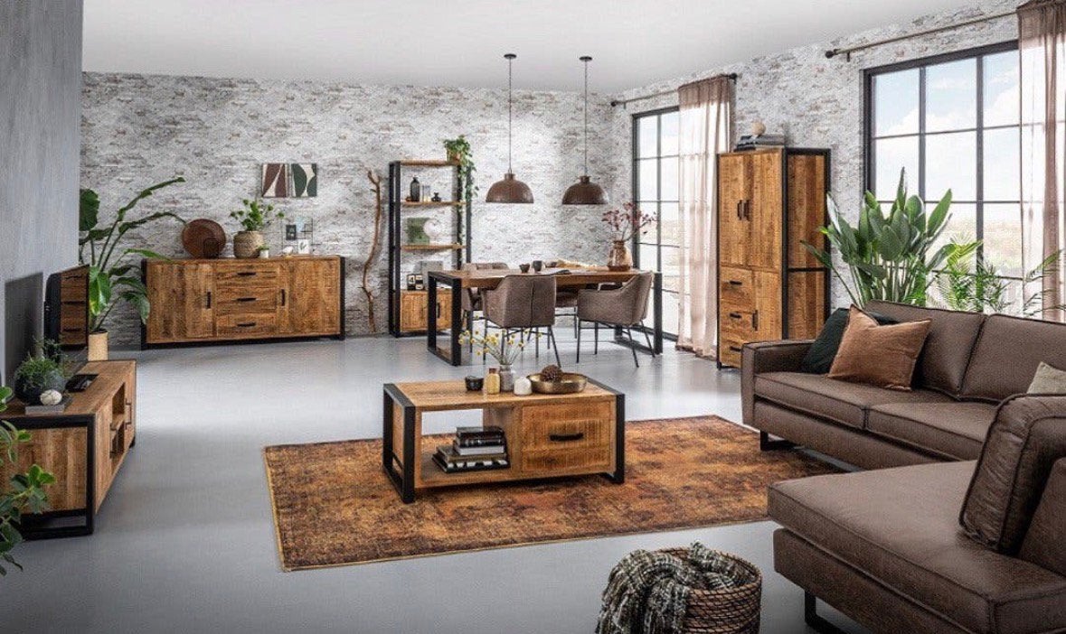 Lederen Hoekbank met TV-kast, Salontafel & Open Kast, 200 cm of meer, Zo goed als nieuw, Mango hout , leer , industrieel, Rechthoekig