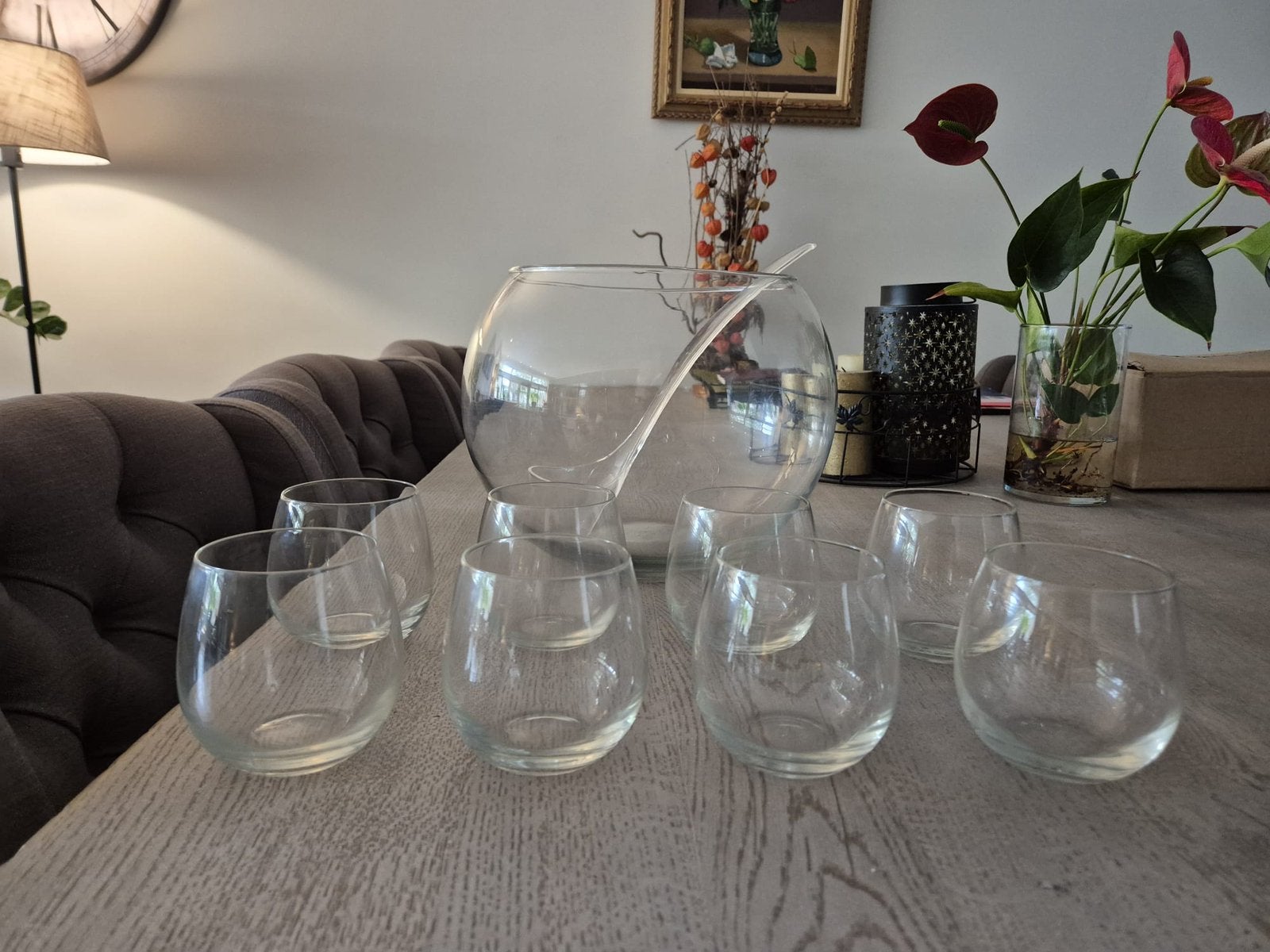 Glazen bowlset / punchset – 8 glazen – 1x gebruikt, Ophalen, Zo goed als nieuw, Overige typen