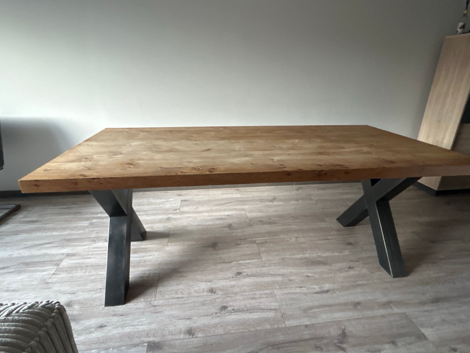 Eettafel met metalen onderstel en losse stoelen/bank, Gebruikt, 100 tot 150 cm, Ophalen of Verzenden, 150 tot 200 cm