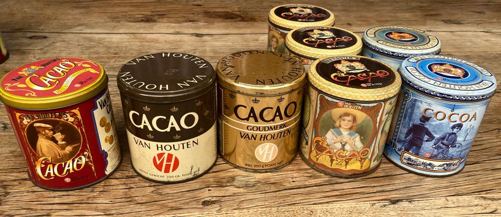 8 oude Van Houten Cacao blikken 250 gr., Ophalen of Verzenden, Gebruikt, Verpakking