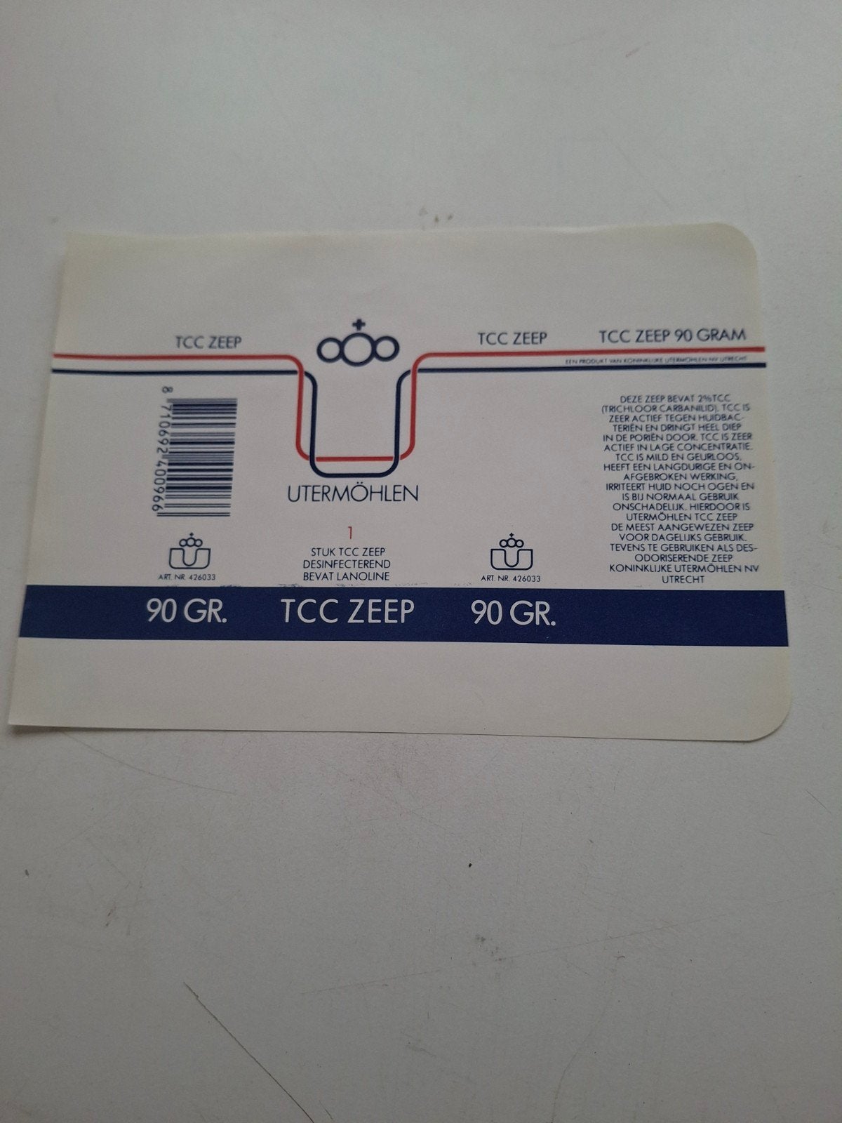 etiket Utermohlen TCC zeep 90 gr., Ophalen of Verzenden, Zo goed als nieuw, Overige typen