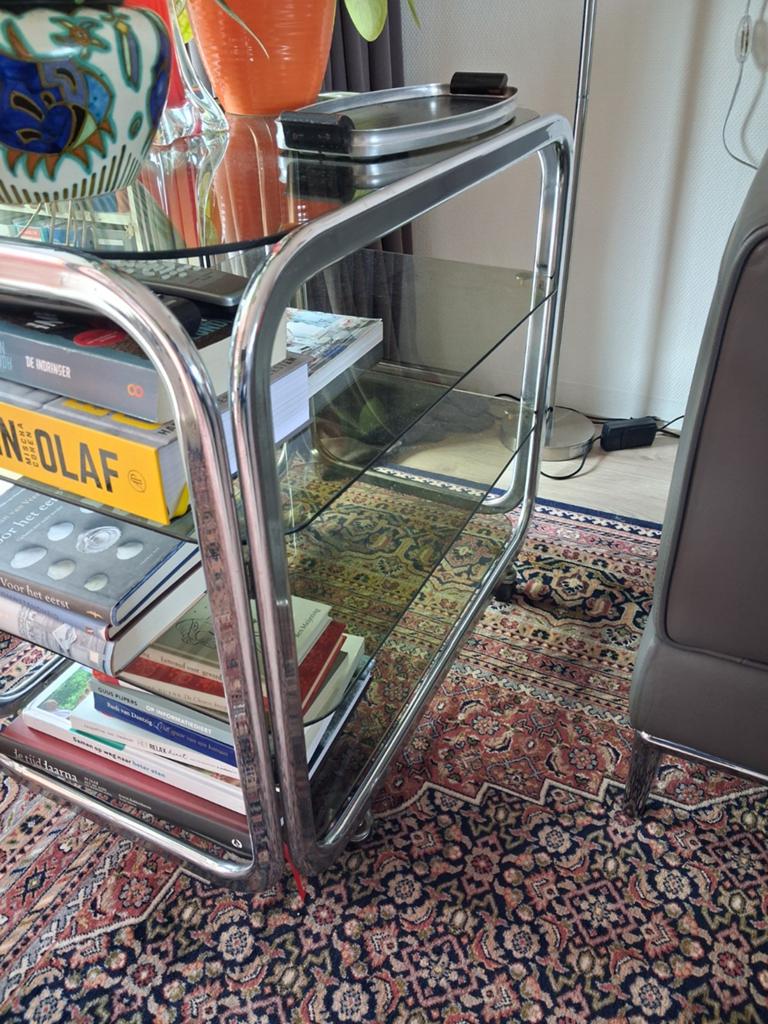 Stijlvolle serveerwagen chroom en rookglas, Huis en Inrichting, Ophalen, Gebruikt