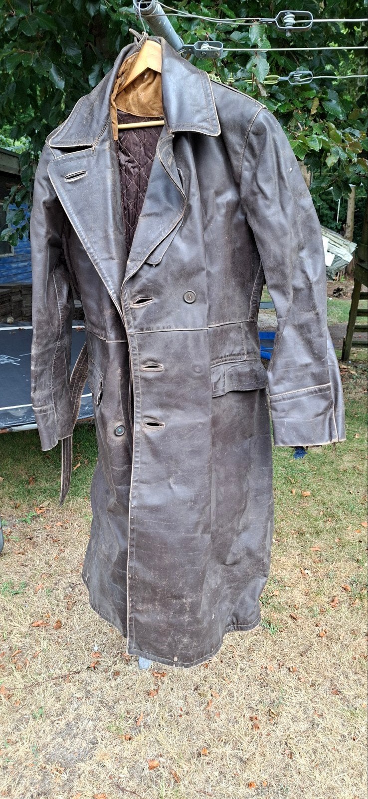 lange motor jas. leren van de jaren  60 ., Ophalen, Gedragen, Zwart