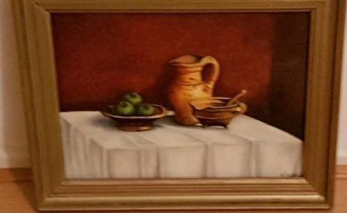 Olieverf schilderij steengoed aardewerk appels v.j. Strik., Ophalen