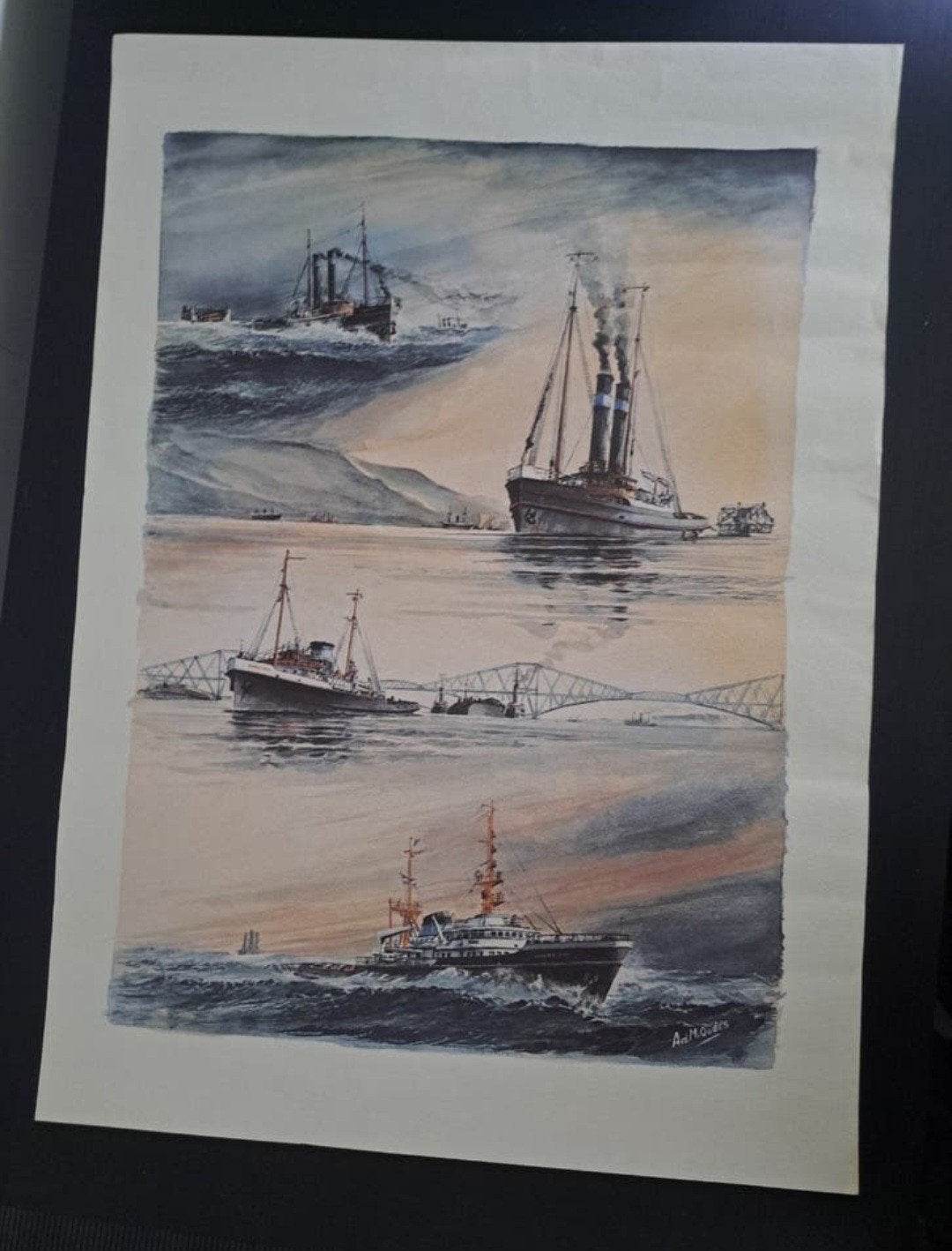 Maritieme litho van Ad M. Oudes - Schepen en bruggen, Ophalen of Verzenden
