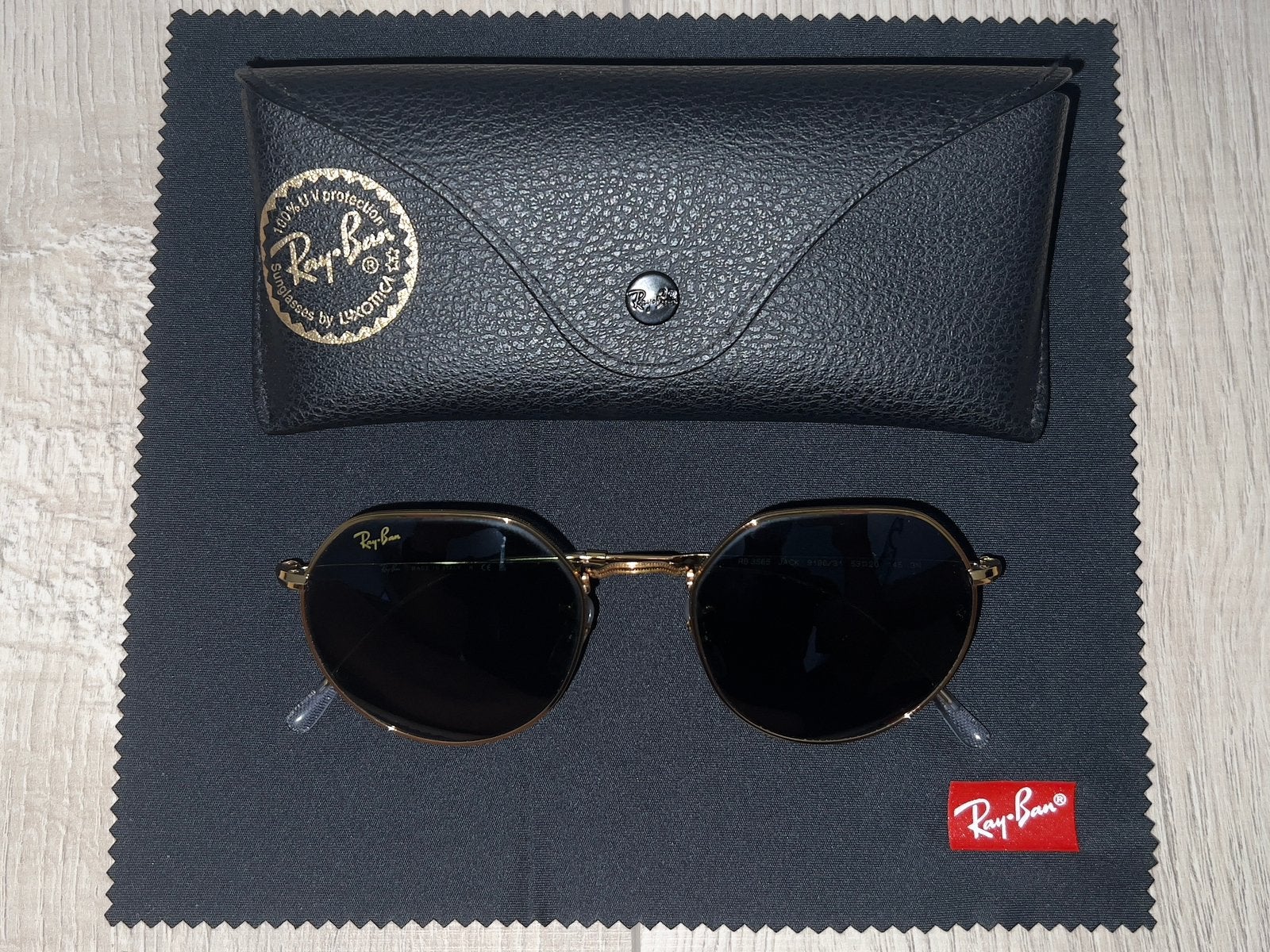 Ray-Ban Jack Zonnebril - Glanzend Goud montuur groene glazen, Zonnebril, Ophalen of Verzenden, Zo goed als nieuw, Ray-Ban