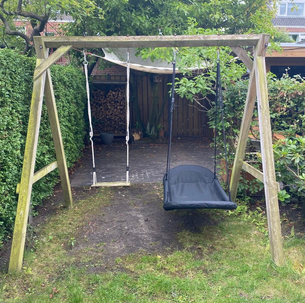 Dubbele houten schommel met zitje en nestschommel, Ophalen, Gebruikt, Schommel