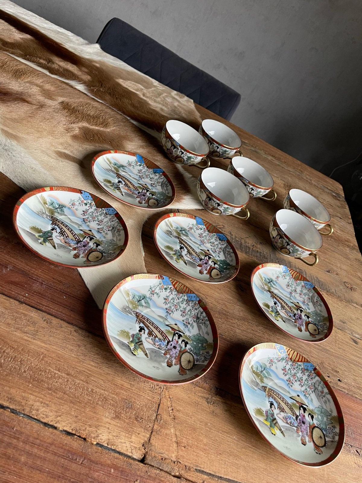Vintage Japanse theeset met 6 kopjes en schotels, Ophalen of Verzenden