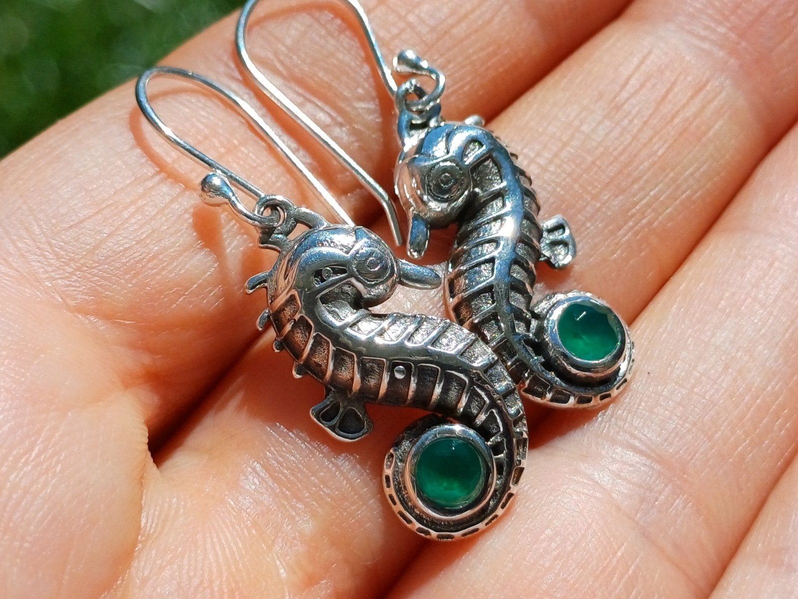 Vanoli 925 zilver oorbellen zeepaard zeepaardj groene agaat, Daiva1973@hotmail.com, Hangers, Vanoli, Amsterdam