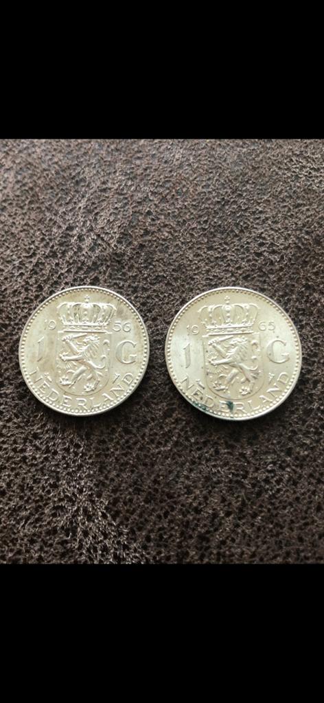 2x 1 Gulden Munt Koningin Juliana 1956 & 1965 Zilver, Postzegels en Munten, Munten | Nederland, Ophalen, 1 gulden, Koningin Juliana