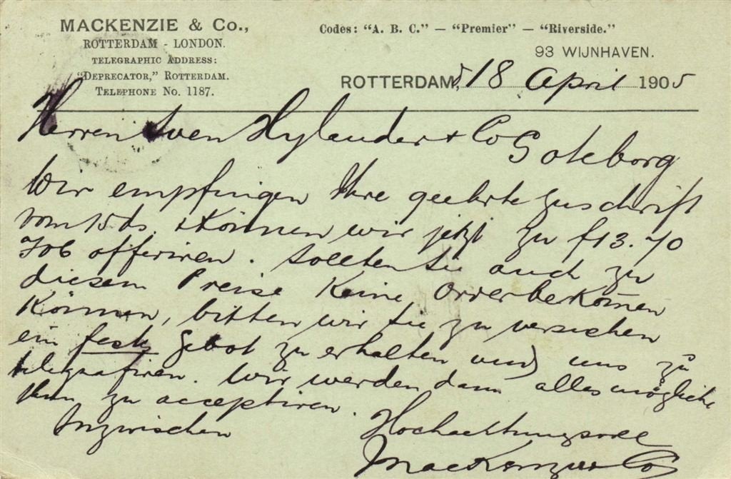 Mackenzie + Co., Rotterdam London - 04.1905 - briefkaart, Ophalen of Verzenden, Briefkaart