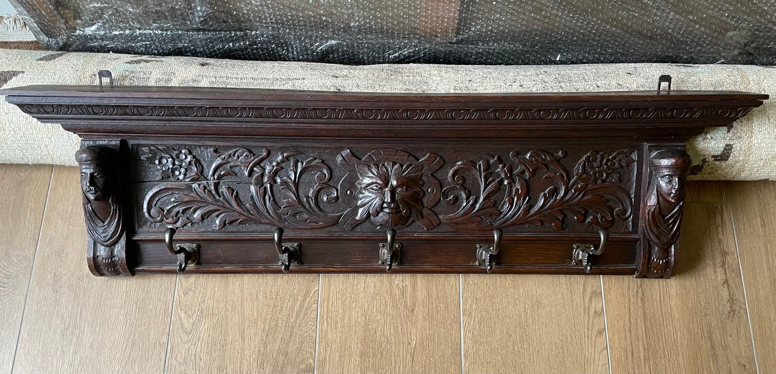 Antieke Eiken Kapstok – Rijk Houtsnijwerk & Originele Haken, Zo goed als nieuw, Minder dan 100 cm, Hout, Ophalen