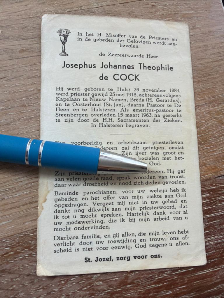 Cock de Josephus 1889 Hulst 1963 Steenbergen priester, Verzamelen, Bidprentjes en Rouwkaarten, Bidprentje, Ophalen of Verzenden