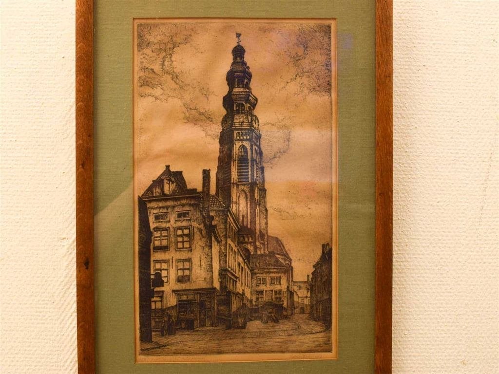 Ingelijste Ets Kerktoren van Middelburg 52732, Ophalen of Verzenden