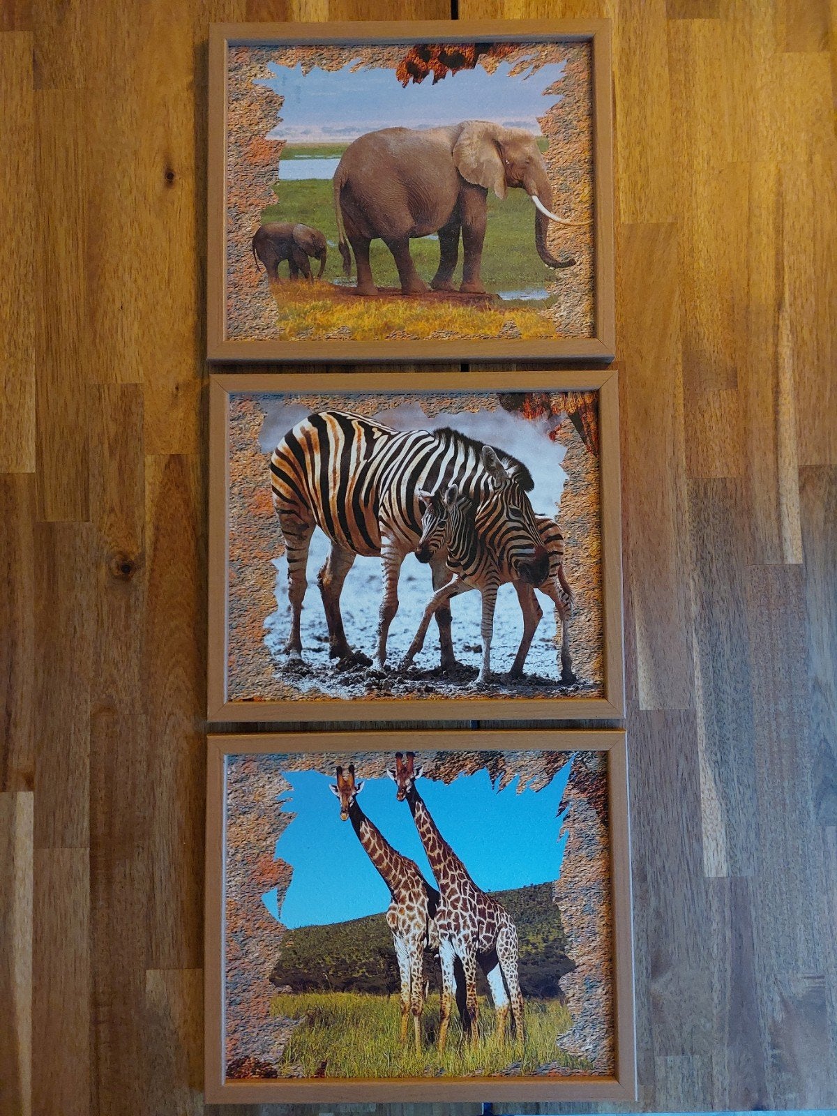 SET DRIE HOUTEN SCHILDERIJTJES in JUNGLE THEMA in NIEUWSTAAT, Ophalen of Verzenden, Zo goed als nieuw, Ingelijst, Wanddecoratie
