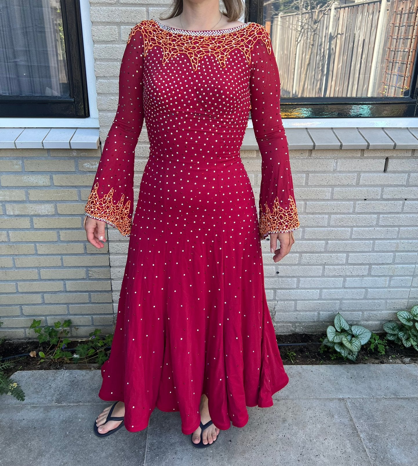 Ballroom dansjurk Standard – rood/oranje – strass – maat 38, Ophalen of Verzenden, Zo goed als nieuw, Kleding