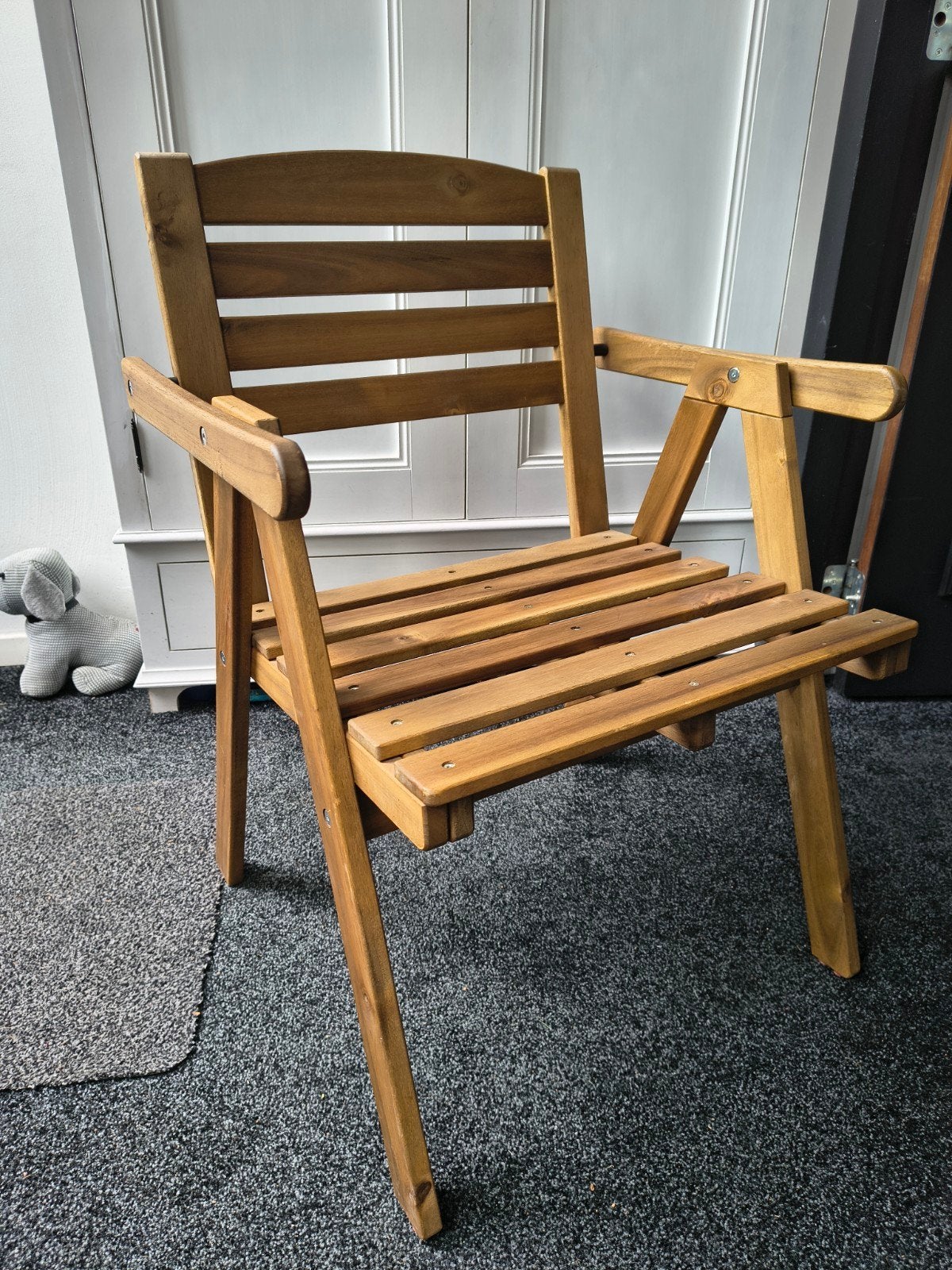 Te koop set van 6 houten tuinstoelen, Tuin en Terras, Ophalen, Zo goed als nieuw, Hout, Stapelbaar