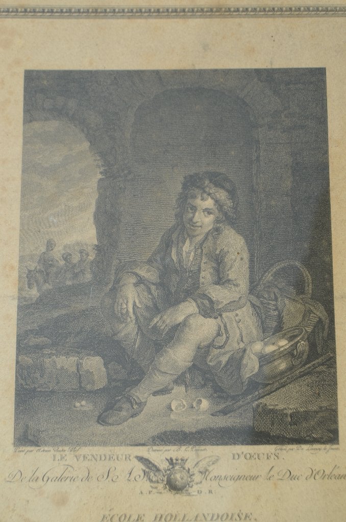 Franse gravure 'Le vendeur d'oeufs' ca 1786, Antiek en Kunst, Kunst | Etsen en Gravures, Dagelijks leven, Ophalen of Verzenden