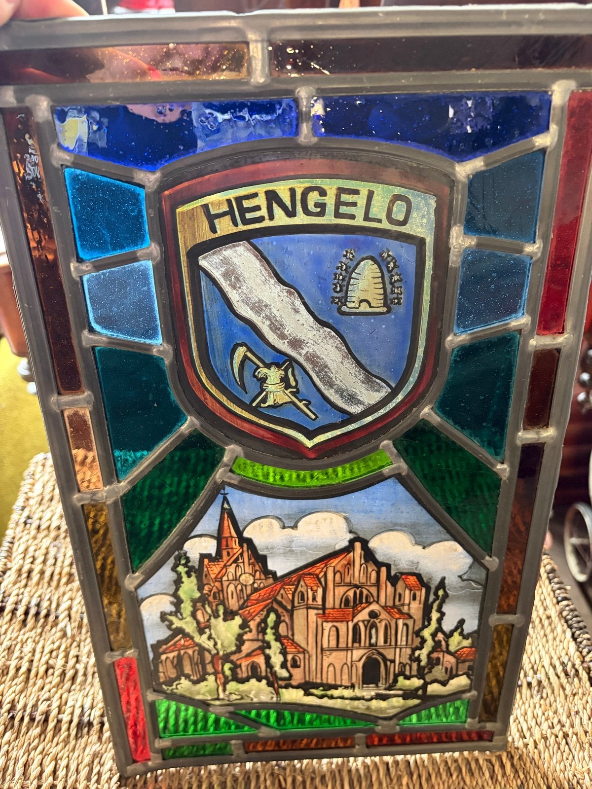 Uniek Glas-in-lood paneel Hengelo stadswapen en kerk, Antiek en Kunst, Antiek | Glas en Kristal, Ophalen of Verzenden