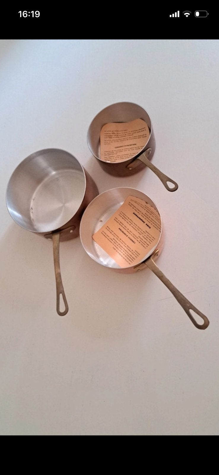 Drie nieuwe koperen steelpannen - handgemaakt, Koper, Met handvatten, Nieuw, Pannenset