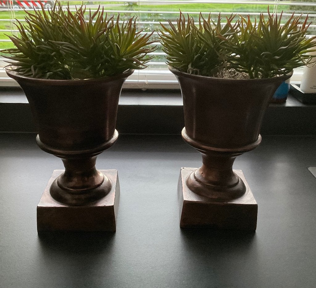 2 Franse vazen brons PTMD collection met kunst vetplant set, 21 cm, Ophalen of Verzenden, Zo goed als nieuw, Metaal