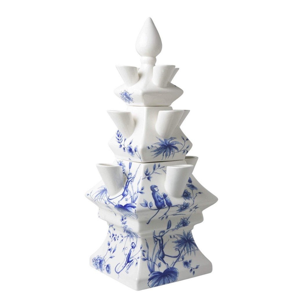 Heinen Delfts Blauw Tulpenvaas 3-delig Aapjes 17x41cm, Ophalen of Verzenden, Steen/keramiek, Meerkleurig, Met patroon/structuur