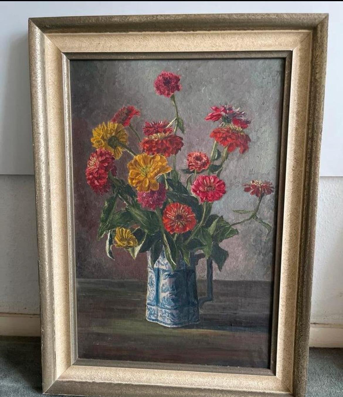 Schilderij met bloemen in vaas - gesigneerd, Doek, Realistisch, Gesigneerd, Olieverf