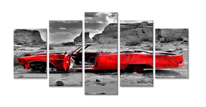 Nieuw * 5 Luik Canvas Schilderij Rode Cabrio Oldtimer XXL, Ophalen of Verzenden, Nieuw, 125 cm of meer, Schilderij