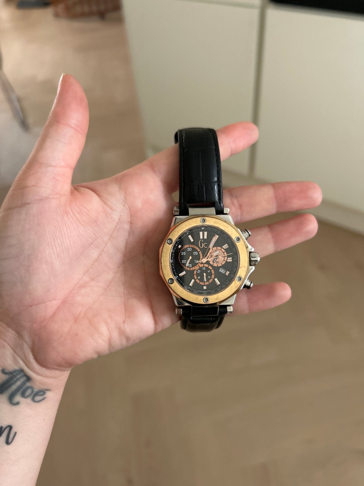 Gc Chronograaf Herenhorloge - Zwart Leer & Goudkleurig, Overige merken, Leer, Staal, Polshorloge