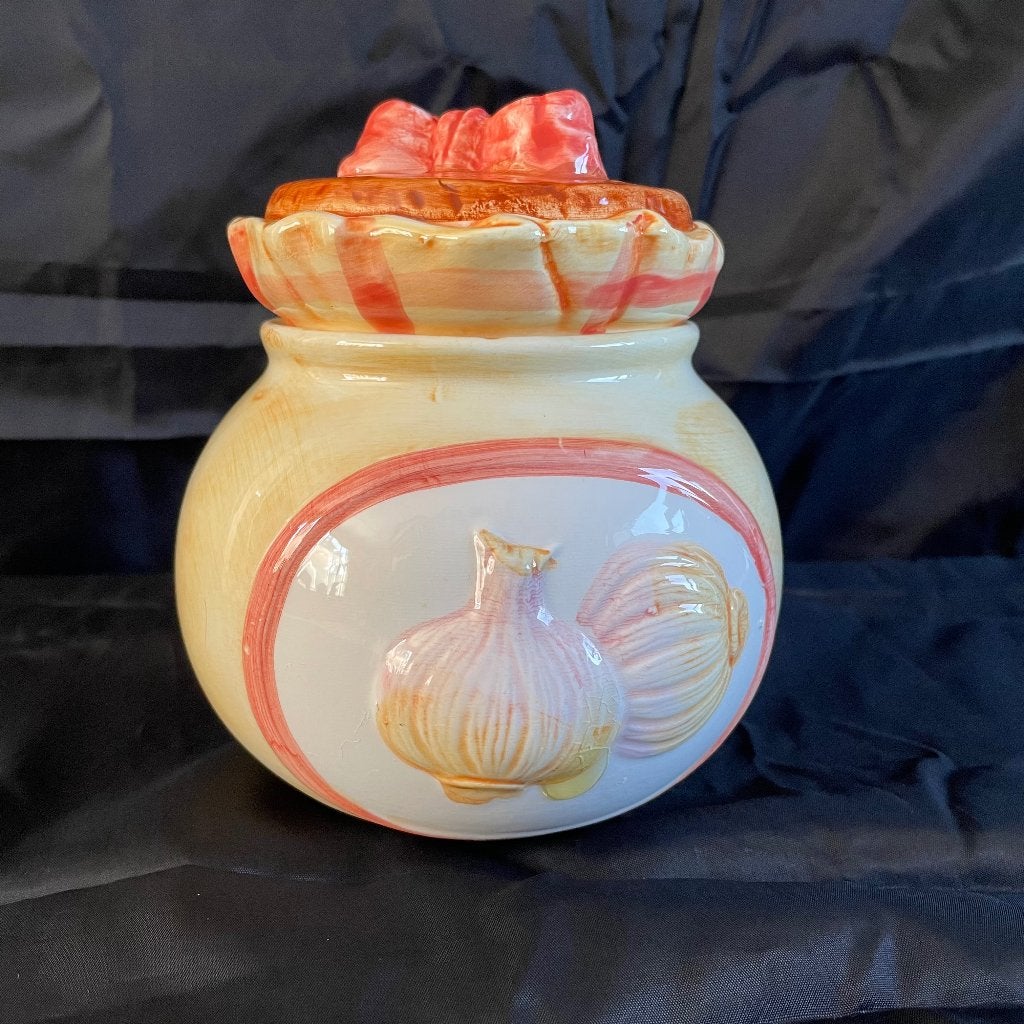 L. Dake & Zn. vintage knoflookpot met strikdeksel – keramiek, Gebruikt, Overige merken, Keramiek, Overige typen