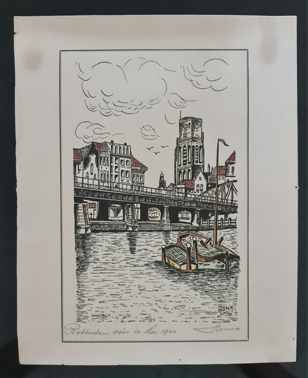 handgekleurde pentekening/ets Laurenskerk/ Rotterdam: Homa, Ophalen of Verzenden