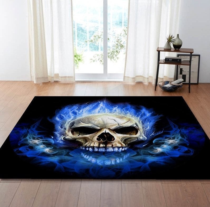 Blauw Zwart Doodskop Vloerkleed / Skull Skelet Kleed Tapijt, Verzenden, Blauw, Rechthoekig, Nieuw