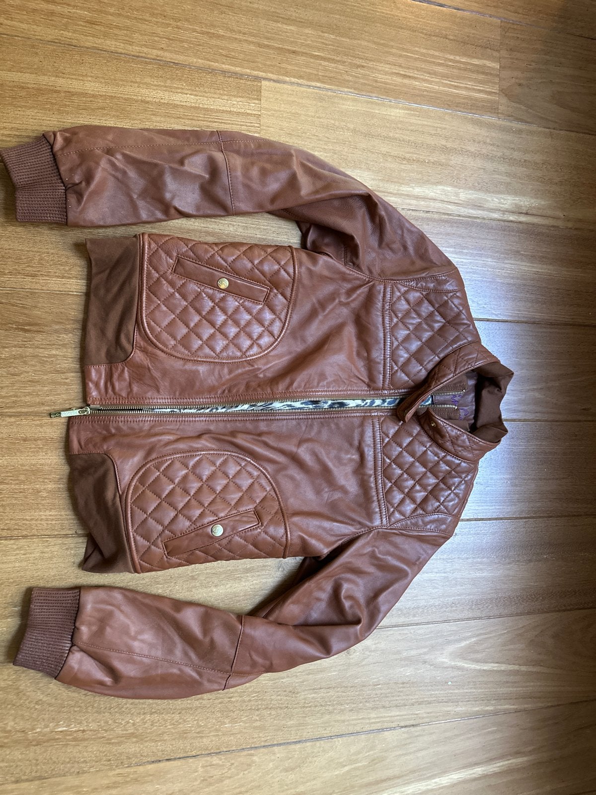 Leren jasje met luipaardprint voering mt. 36-38, Kleding | Dames, Ophalen, Zo goed als nieuw, Maat 38/40 (M), Bruin