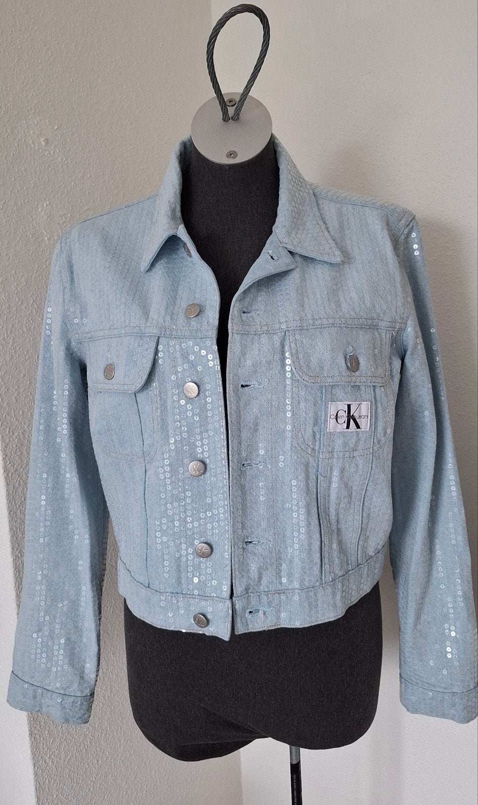 Calvin Klein jas jeansjas denim pailletten maat M 38 nieuw, Maat 38/40 (M), Blauw, Nieuw, Ophalen of Verzenden