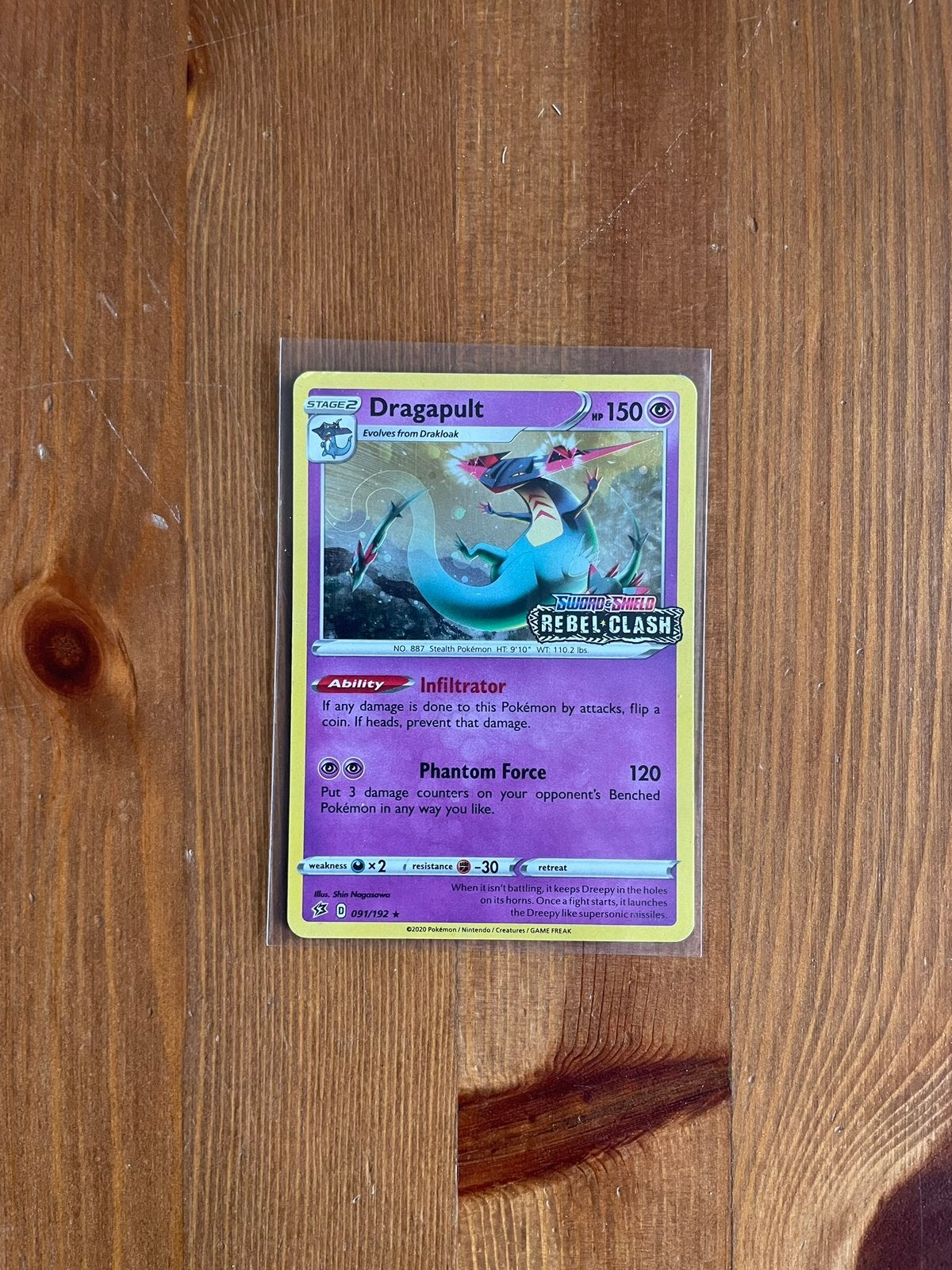 Dragapult stamped holo 91/192 Rebel Clash - LP, Ophalen of Verzenden, Gebruikt, Losse kaart, Foil