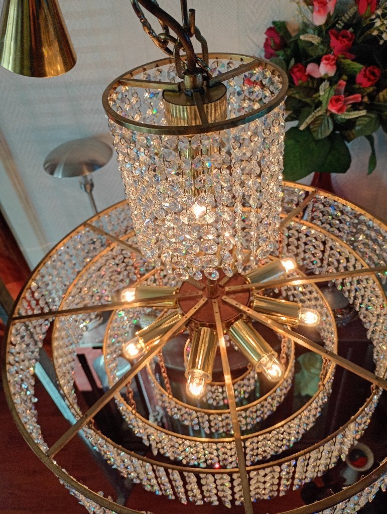 Vintage Kristallen Kroonluchter - Glamoureuze Hanglamp, Kroonluchter, Vintage, E14 (klein), Ophalen of Verzenden