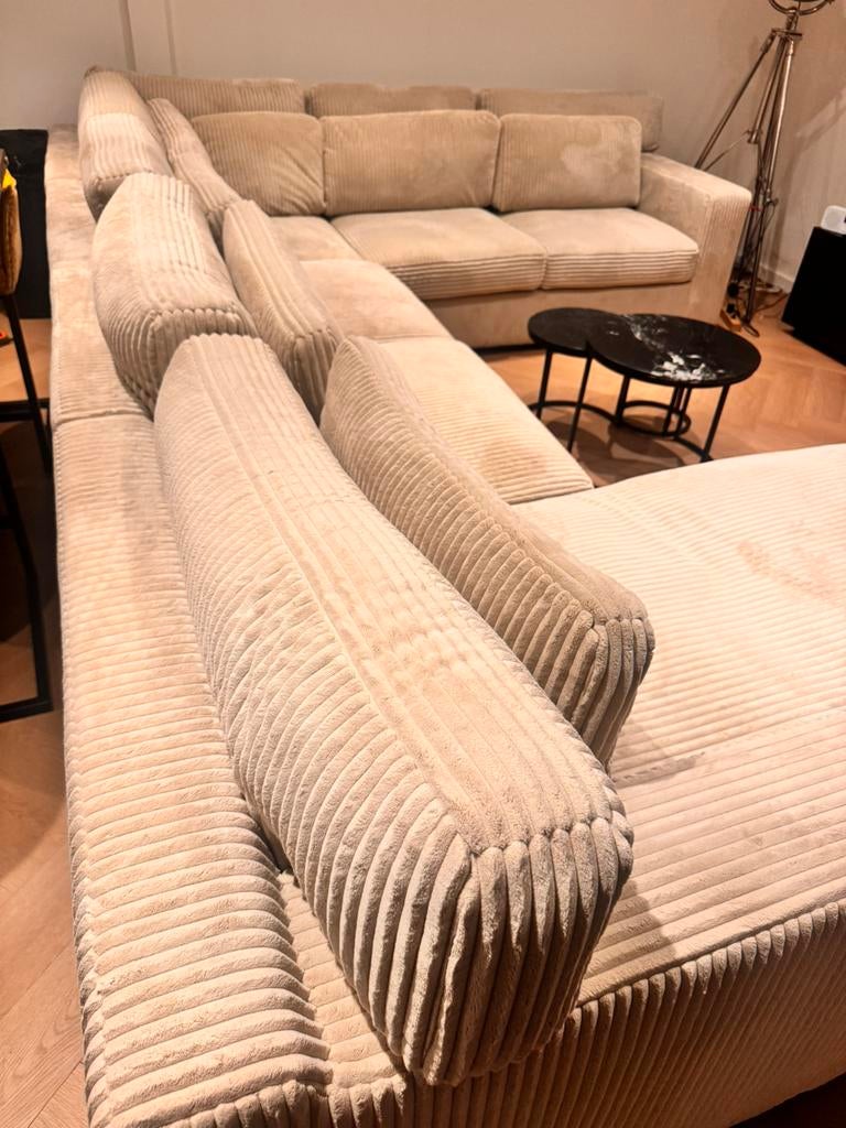 Grote beige ribstof hoekbank - ribcord lounge bankstel, 100 tot 125 cm, Hoekbank, 300 cm of meer, Ophalen of Verzenden