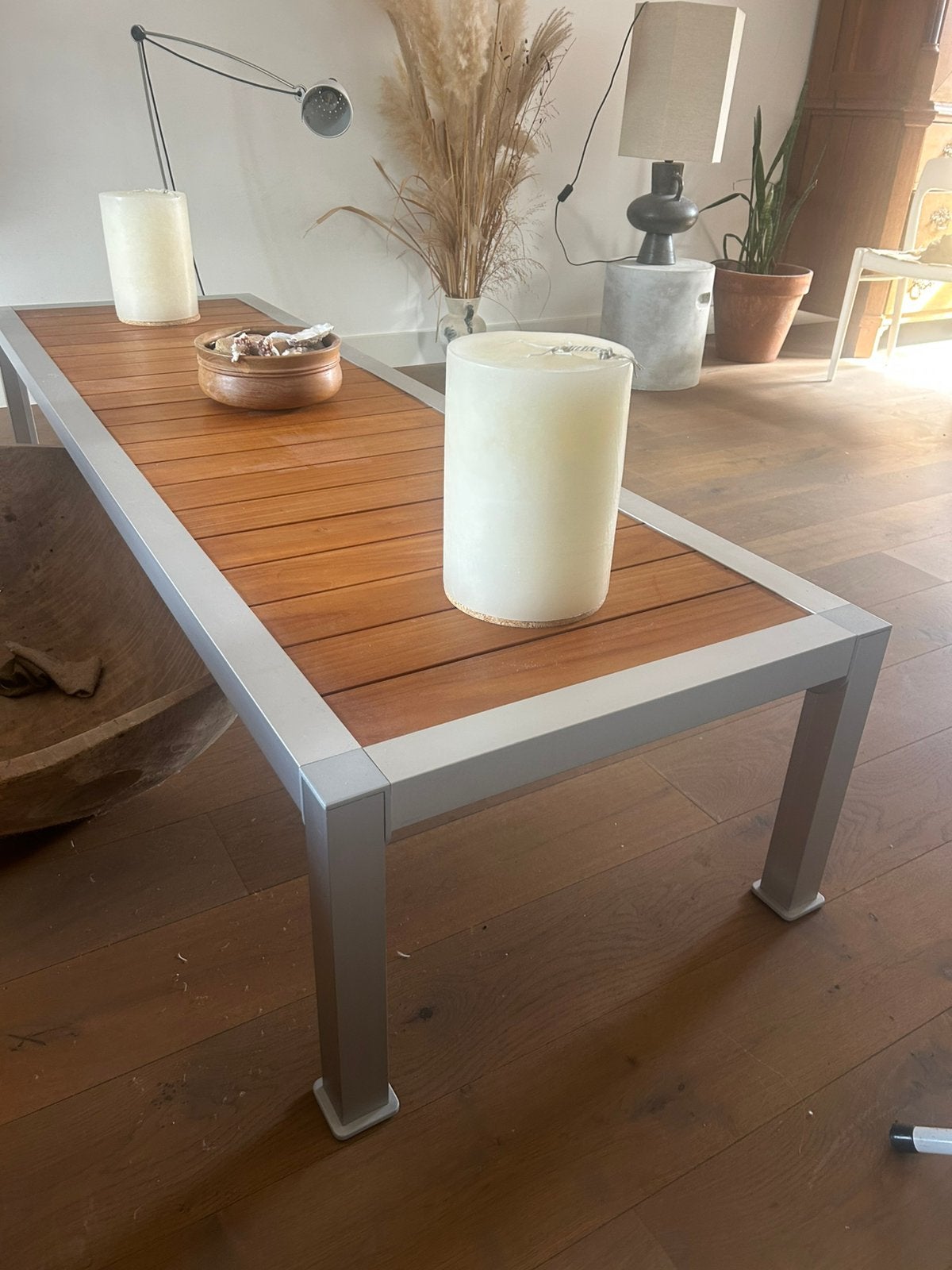 Driade Miki Astori lage tafel – teak/aluminium – 220 cm, Ophalen, 200 cm of meer, Zo goed als nieuw, 25 tot 50 cm