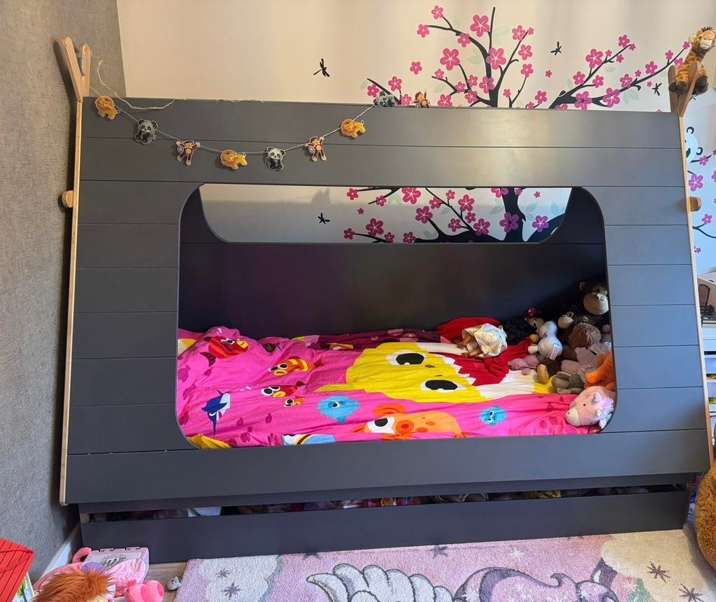 Kinderbed BLN Kids Tipi Grey + lade + 90x200 matras, Ophalen, Zo goed als nieuw, 180 cm of meer, 85 tot 100 cm