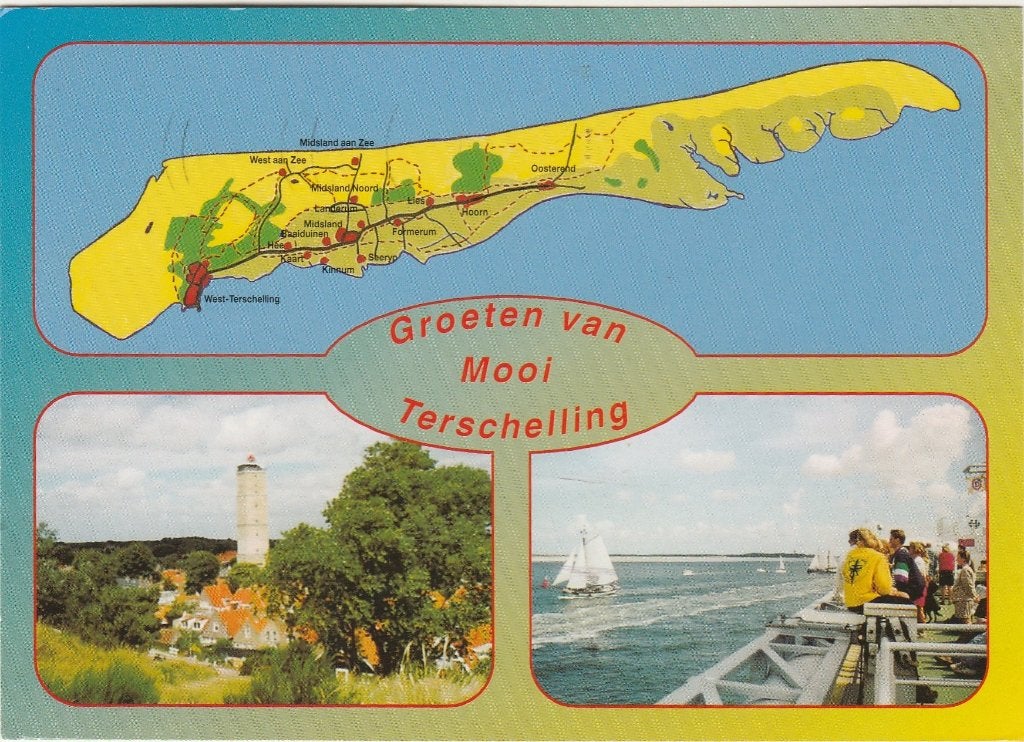 TERSCHELLING Landkaart Brandaris Veerboot Groeten, Verzenden, 1980 tot heden, Gelopen, Waddeneilanden