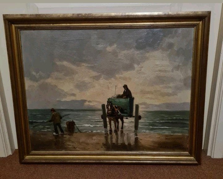 Olieverf schilderij 7660.5cm "de schelpenvissers", Ophalen of Verzenden