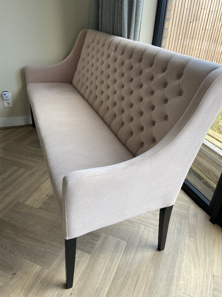 Lichtroze Velvet Eetbank Goossens Pearl, Ophalen, Gebruikt, Driepersoons, Rechte bank