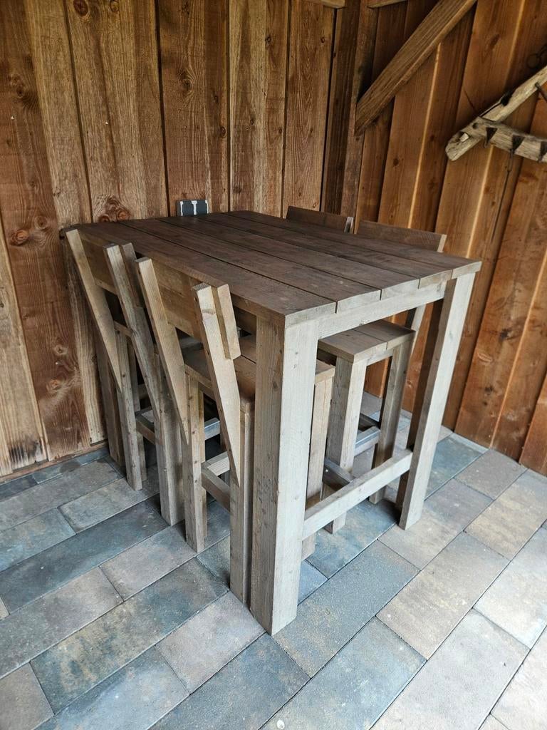Steigerhouten statafel met 4 krukken met rugleuning, Ophalen, Zo goed als nieuw, Rechthoekig, Hout