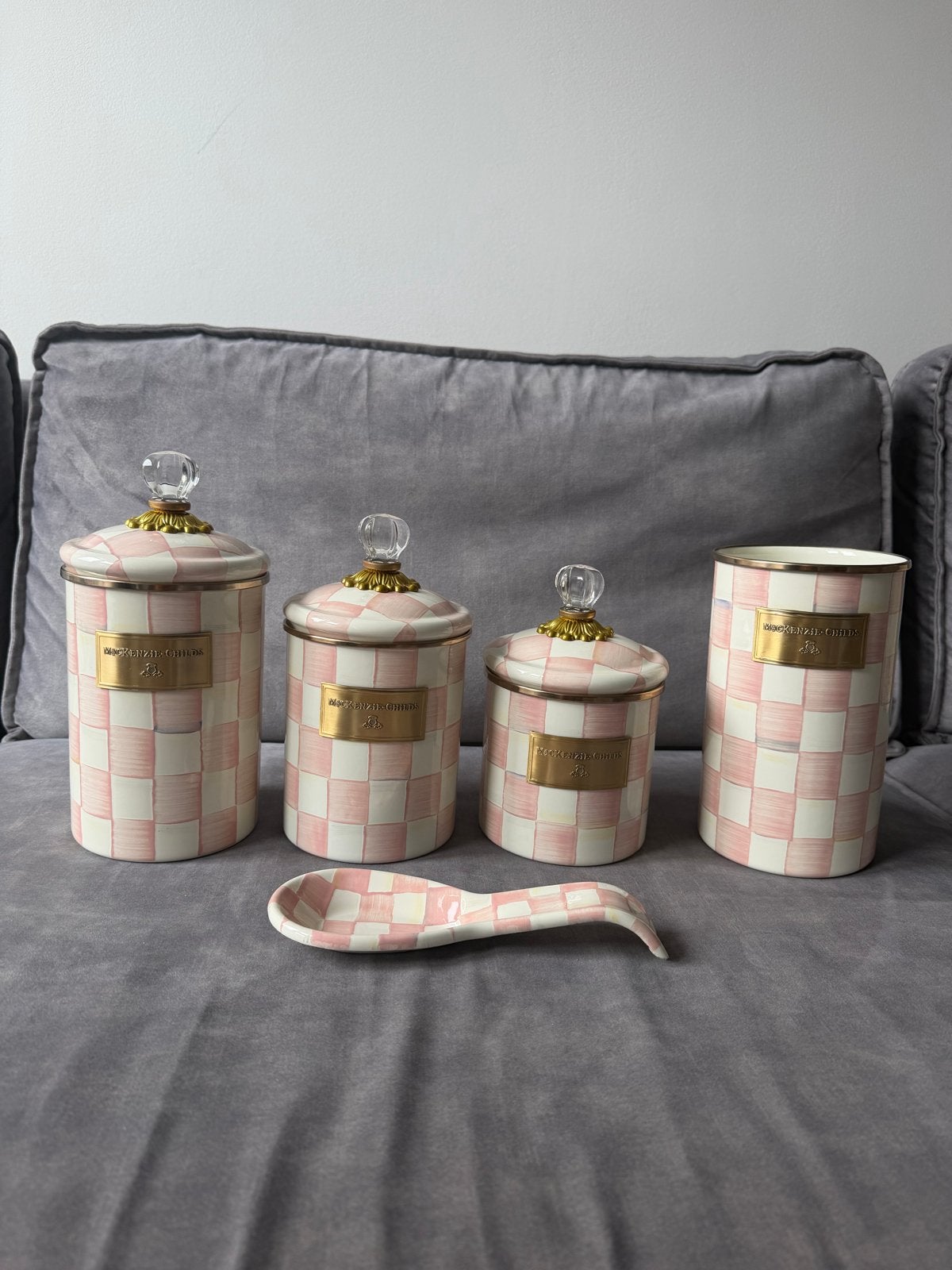 Mackenzie-Childs Nieuw Voorraadpotten Set Roze Geruit, Nieuw, Ophalen of Verzenden, Voorraadpot, Roze