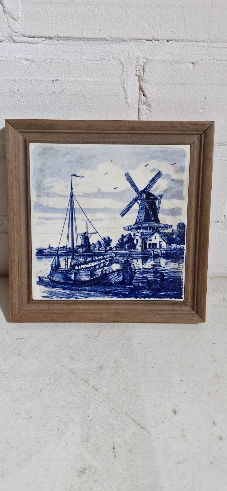 Delfts Blauw Schilderij met Molens en Boot, Ophalen of Verzenden