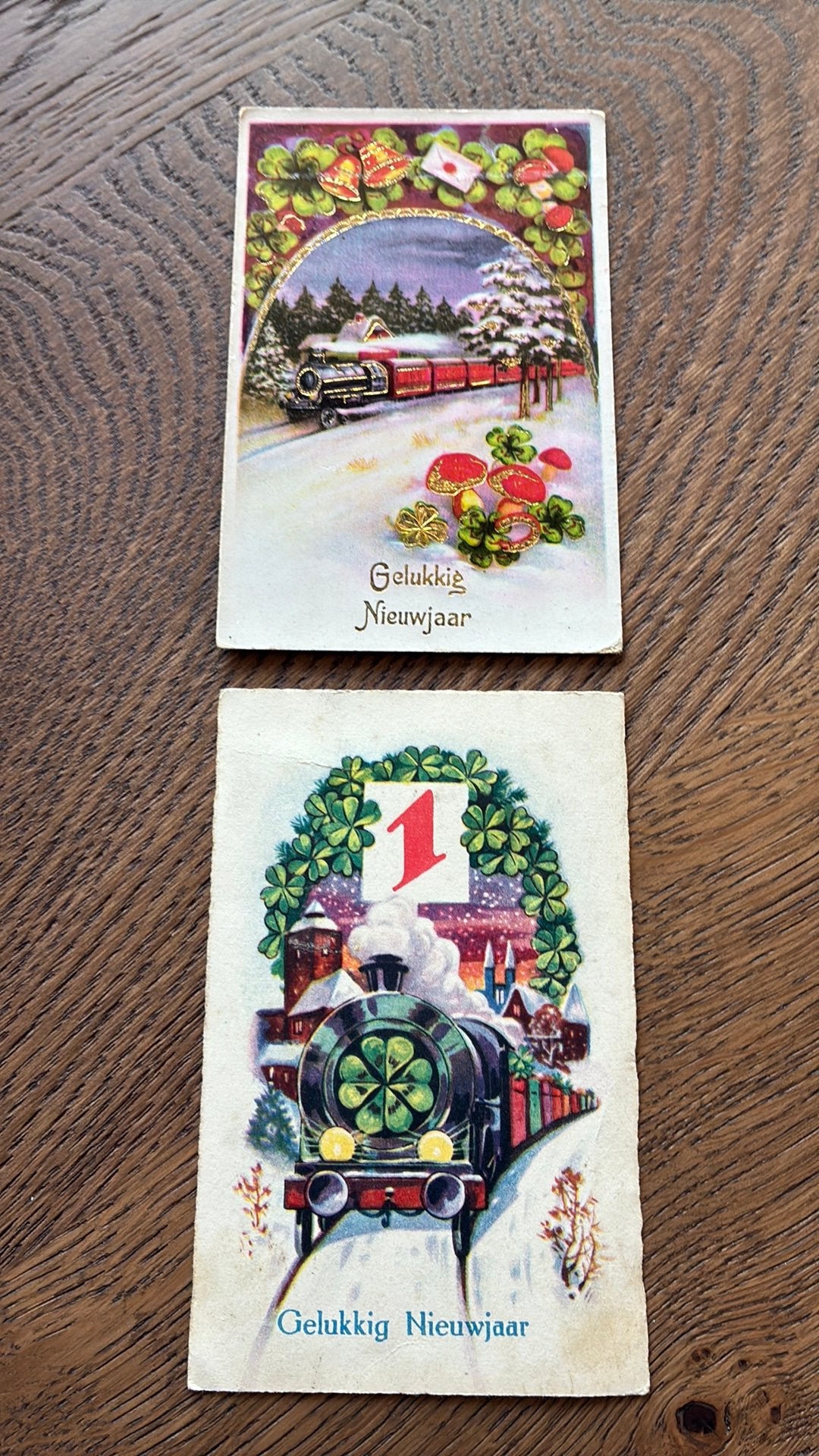 Nieuwjaar.Locomotief en wagons.goudopdruk,klaver,paddestoel, Ophalen of Verzenden, Gelopen, Voertuig