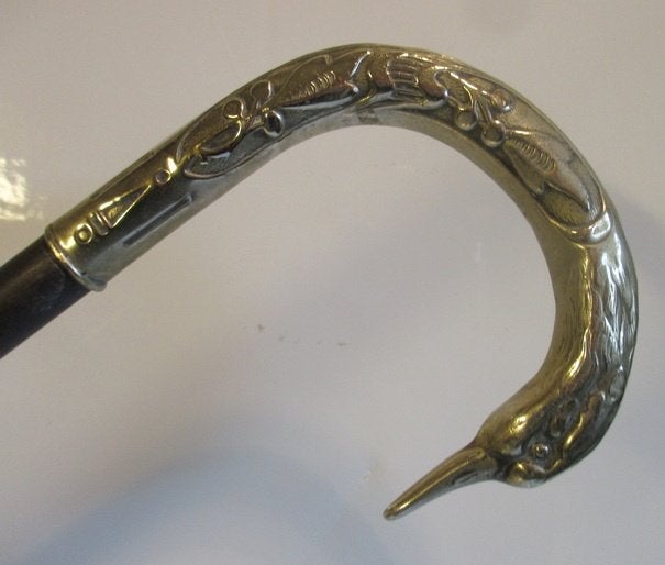 art nouveau nickled silver wandelstok met zwanen kop  311, Verzenden