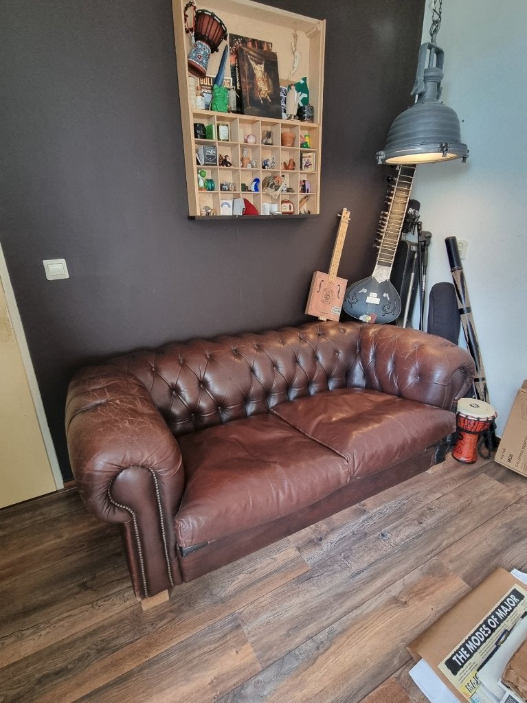 Chesterfield bank bruin - 2/3 zits, Ophalen, Gebruikt, 150 tot 200 cm, Tweepersoons